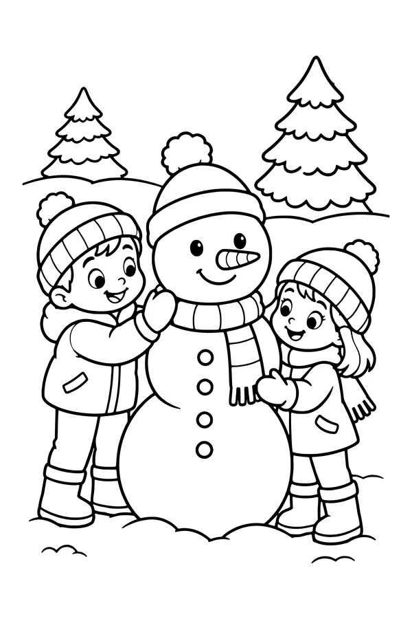Coloring page of two children in winter coats building a snowman in a snowy park
