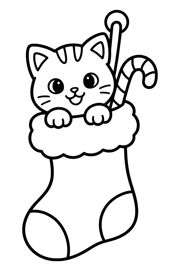 Coloring page of a cute kitten peeking out of a Christmas stocking with a candy cane
