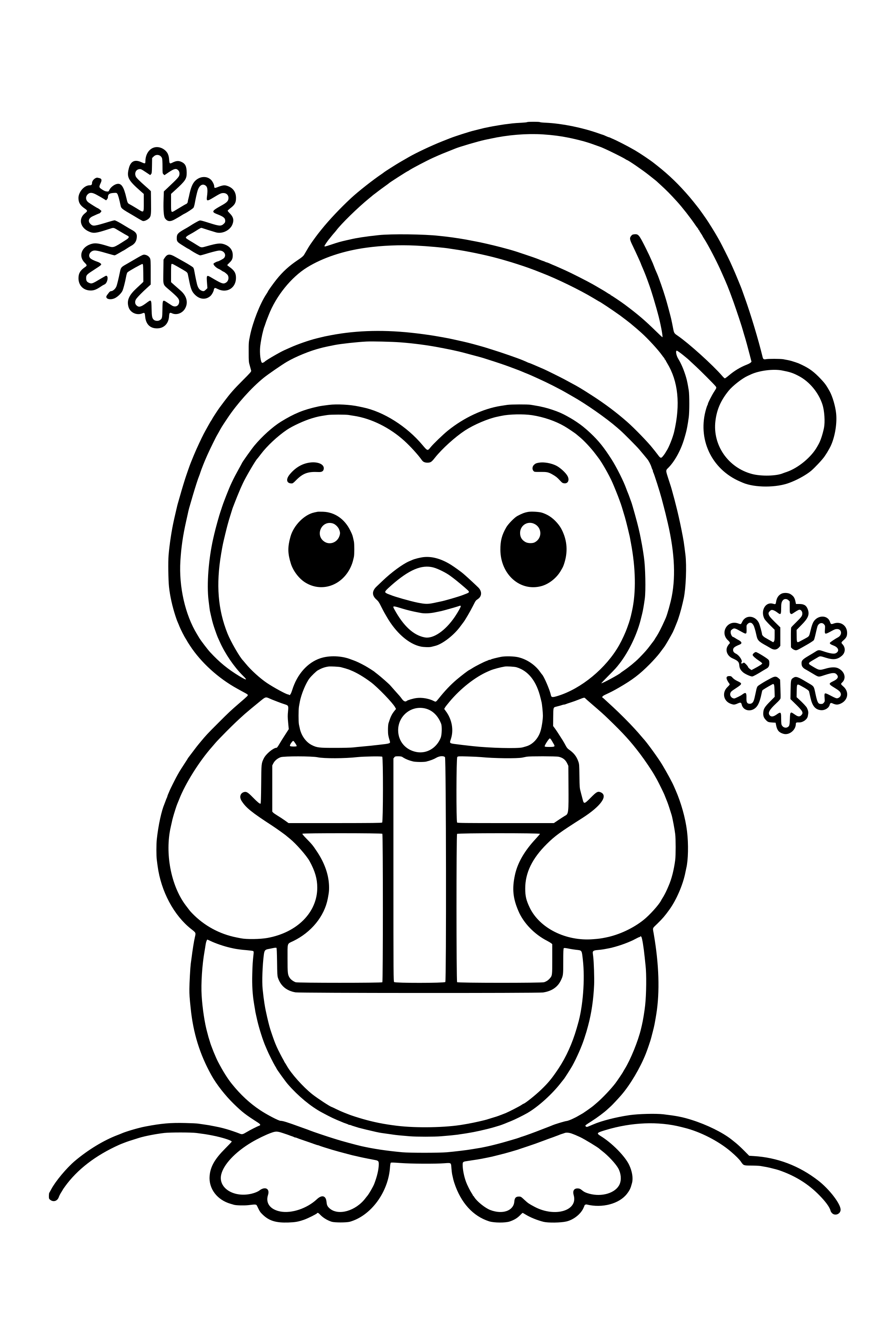 Coloring page of a cute penguin in a Santa hat holding a present