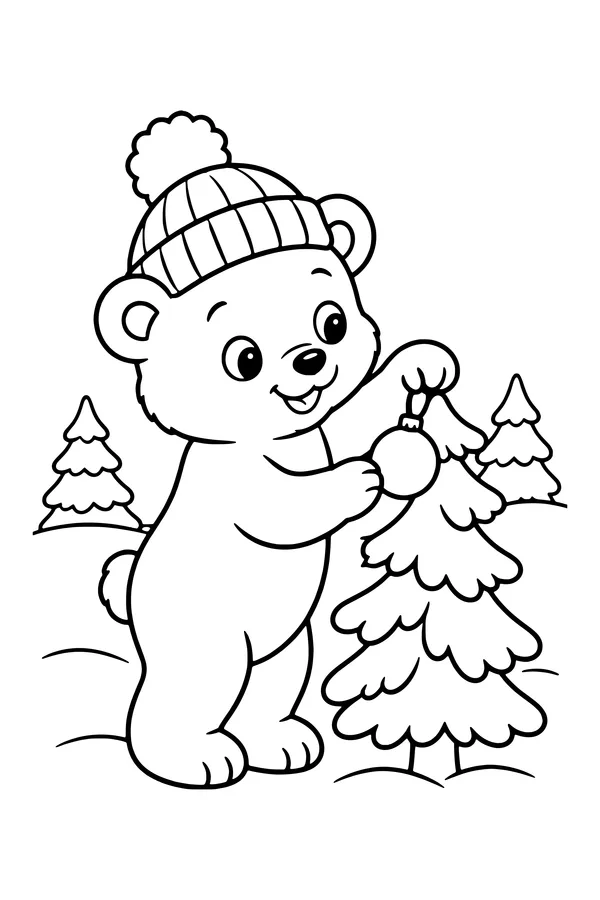 Coloring page of a polar bear cub in a knitted hat hanging an ornament on a pine tree