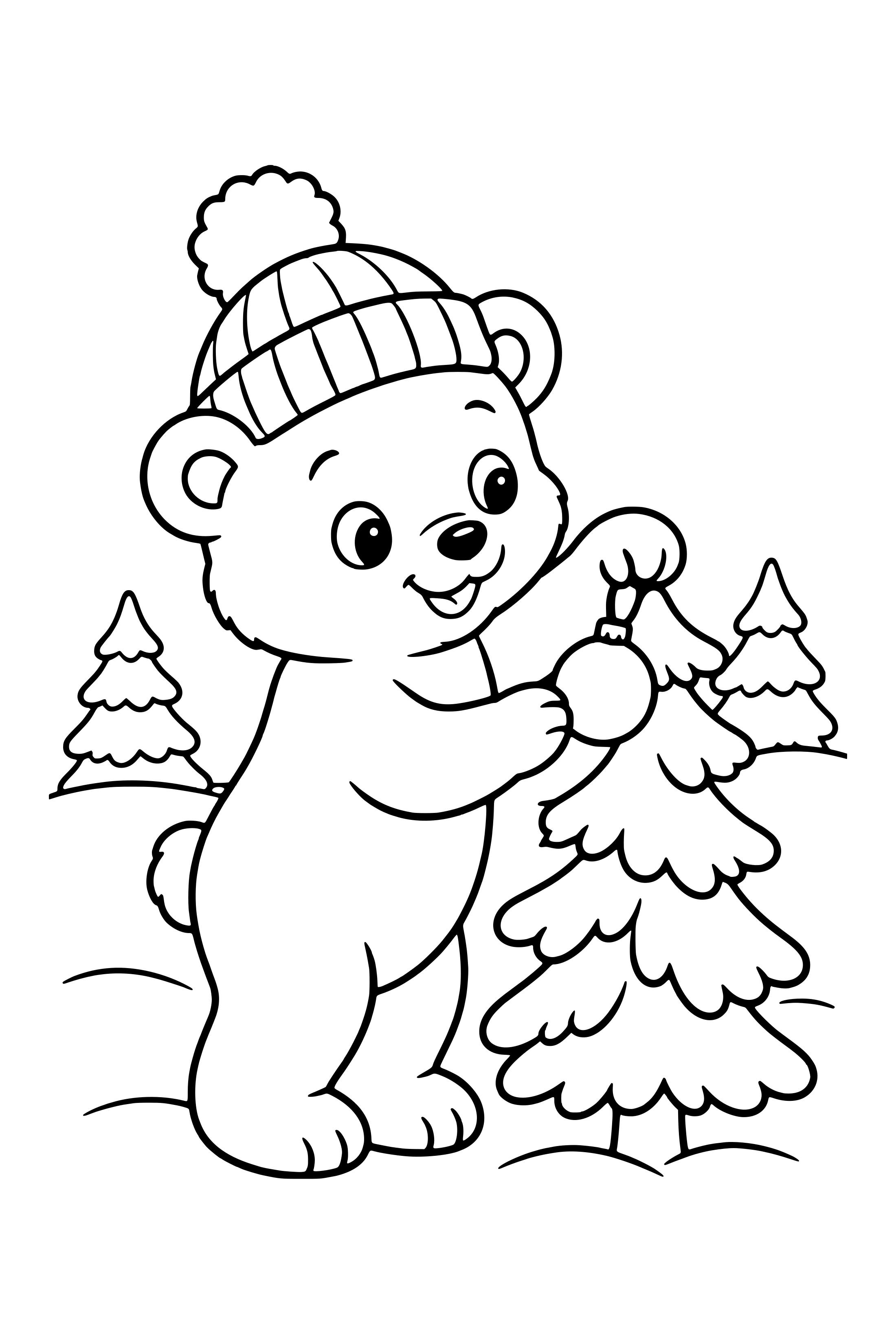 Coloring page of a polar bear cub in a knitted hat hanging an ornament on a pine tree