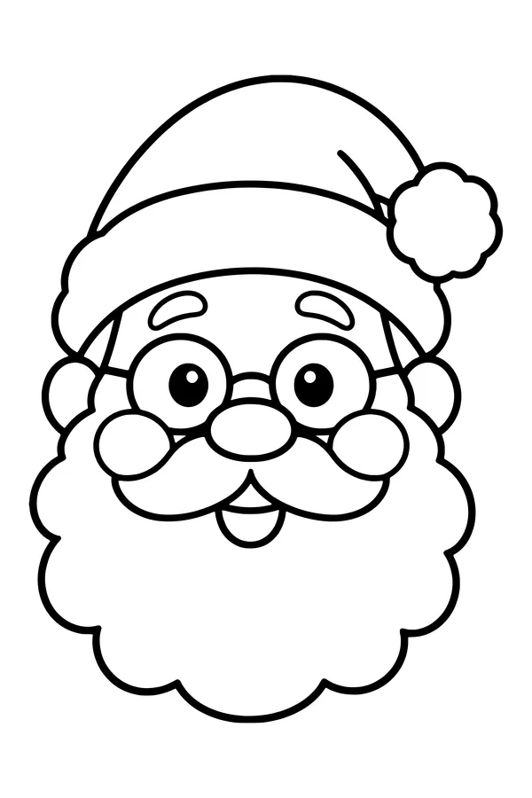 Coloring page of a big friendly Santa face with a pompom hat and curly beard
