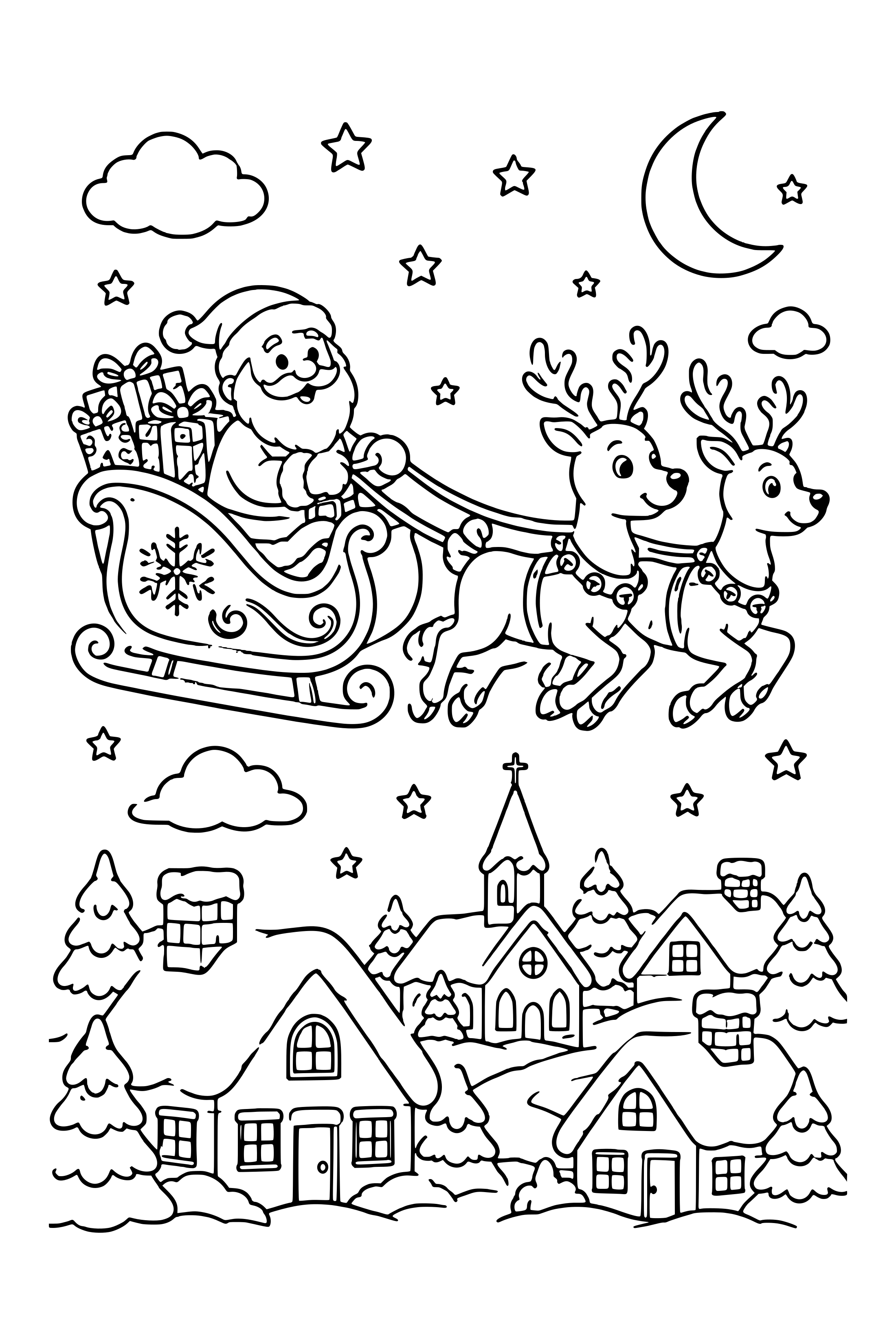 Coloring page of Santa's sleigh pulled by two reindeer flying over snowy rooftops