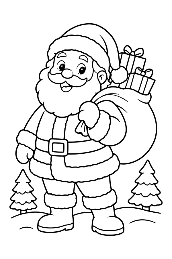 Coloring page of Santa Claus carrying a big sack of presents in the snow