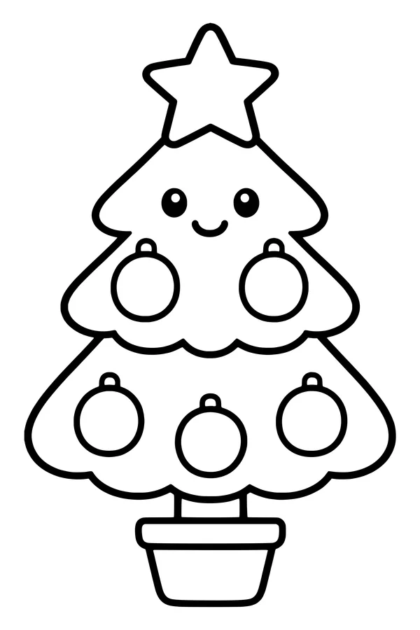 Coloring page of a simple three-layer Christmas tree with a star and big ornaments