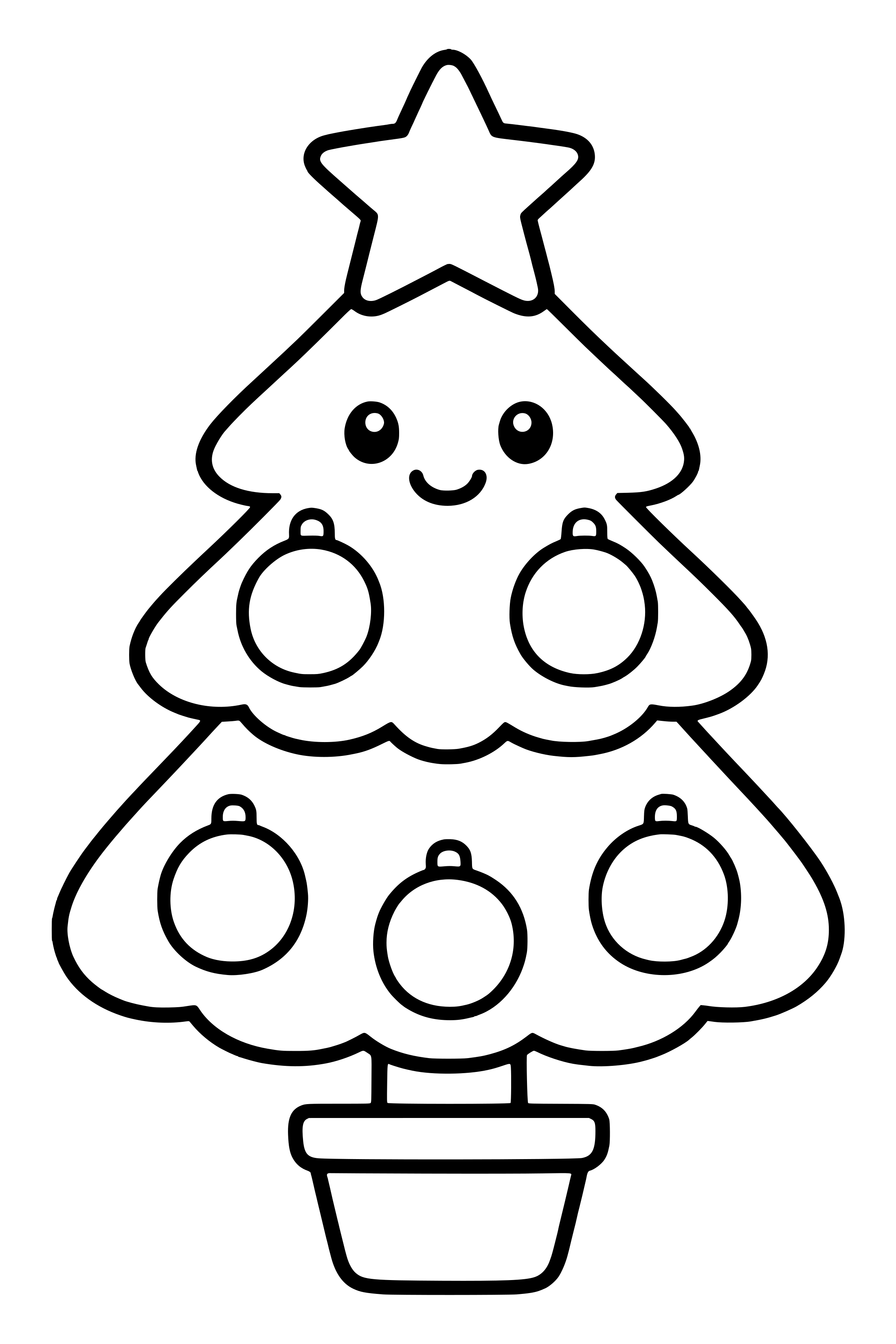 Coloring page of a simple three-layer Christmas tree with a star and big ornaments