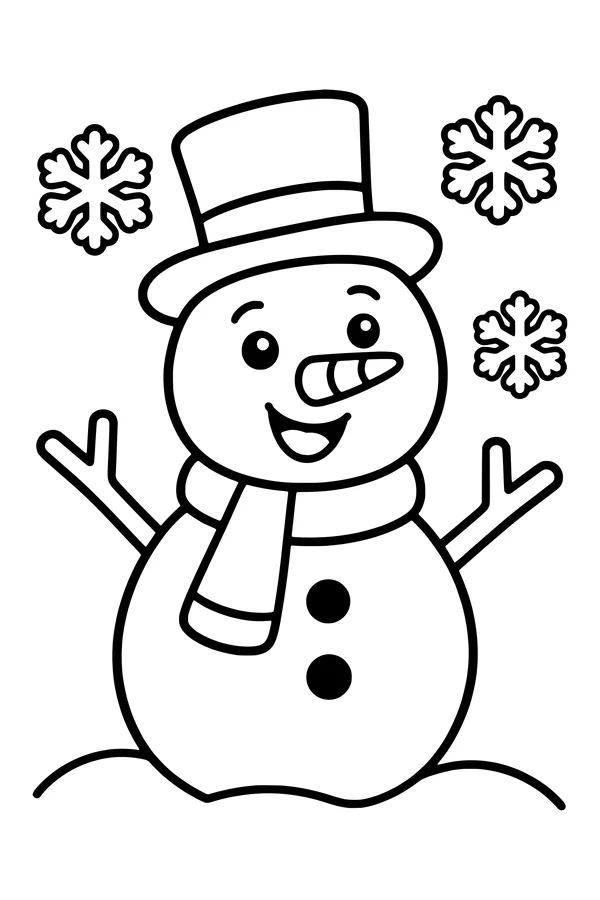 Coloring page of a happy snowman with a top hat, scarf and carrot nose