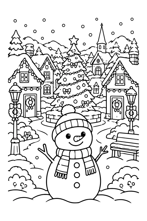 Coloring page of a snowy village street with decorated houses, lampposts and a Christmas tree