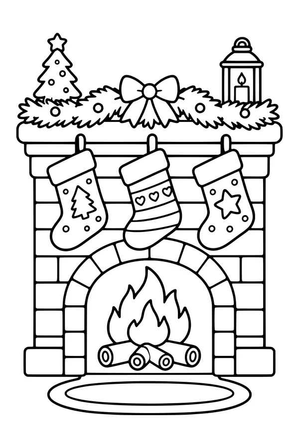 Coloring page of three Christmas stockings hanging on a fireplace mantel with garland