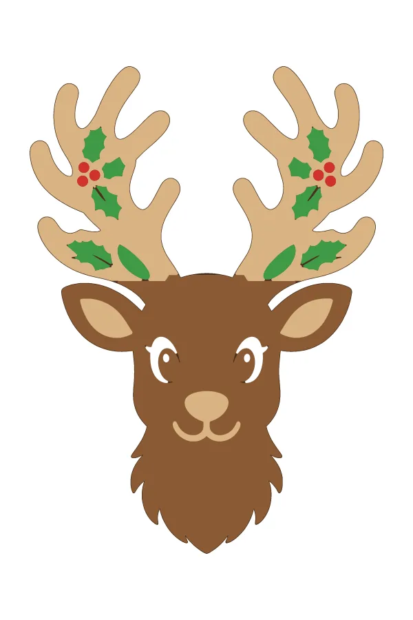 Reindeer head layered SVG in dark brown base, brown, tan, green, white and red