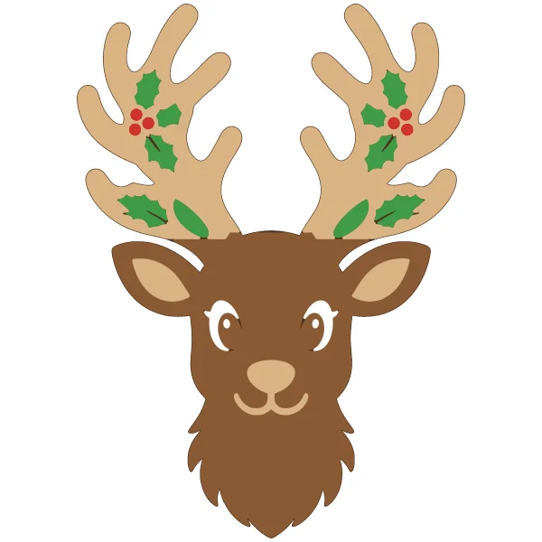Reindeer head layered SVG in 6 colors: dark brown base, brown, tan, green, white and red