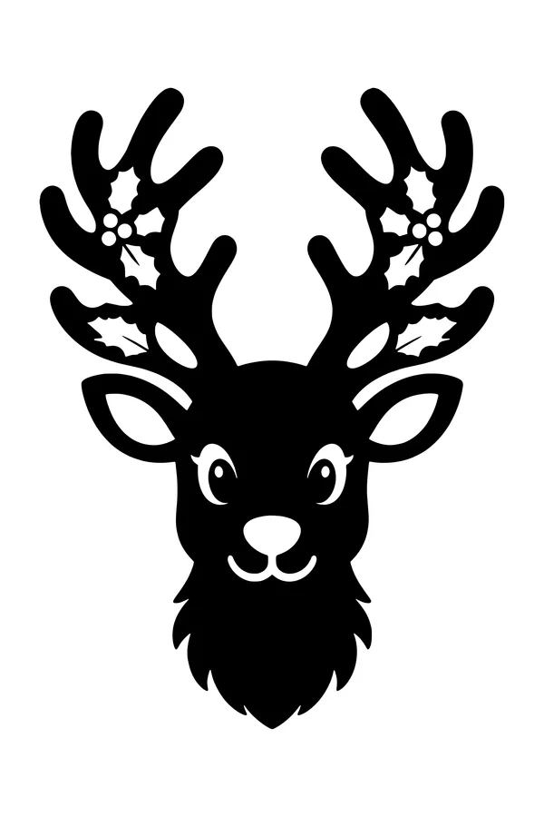 Reindeer head SVG cut file with a smiling face and large branching antlers with holly cutouts