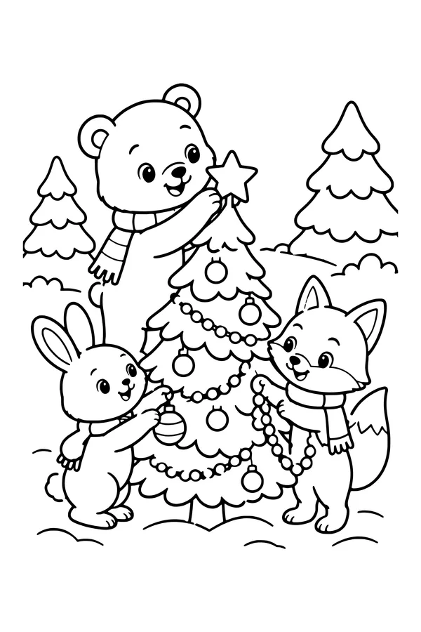 Coloring page of a bear, a bunny and a fox decorating a small Christmas tree in the woods