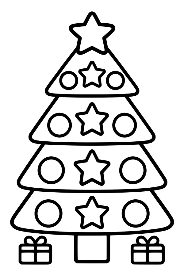 Coloring page of a bold Christmas tree made of four triangle layers with big stars and ornaments