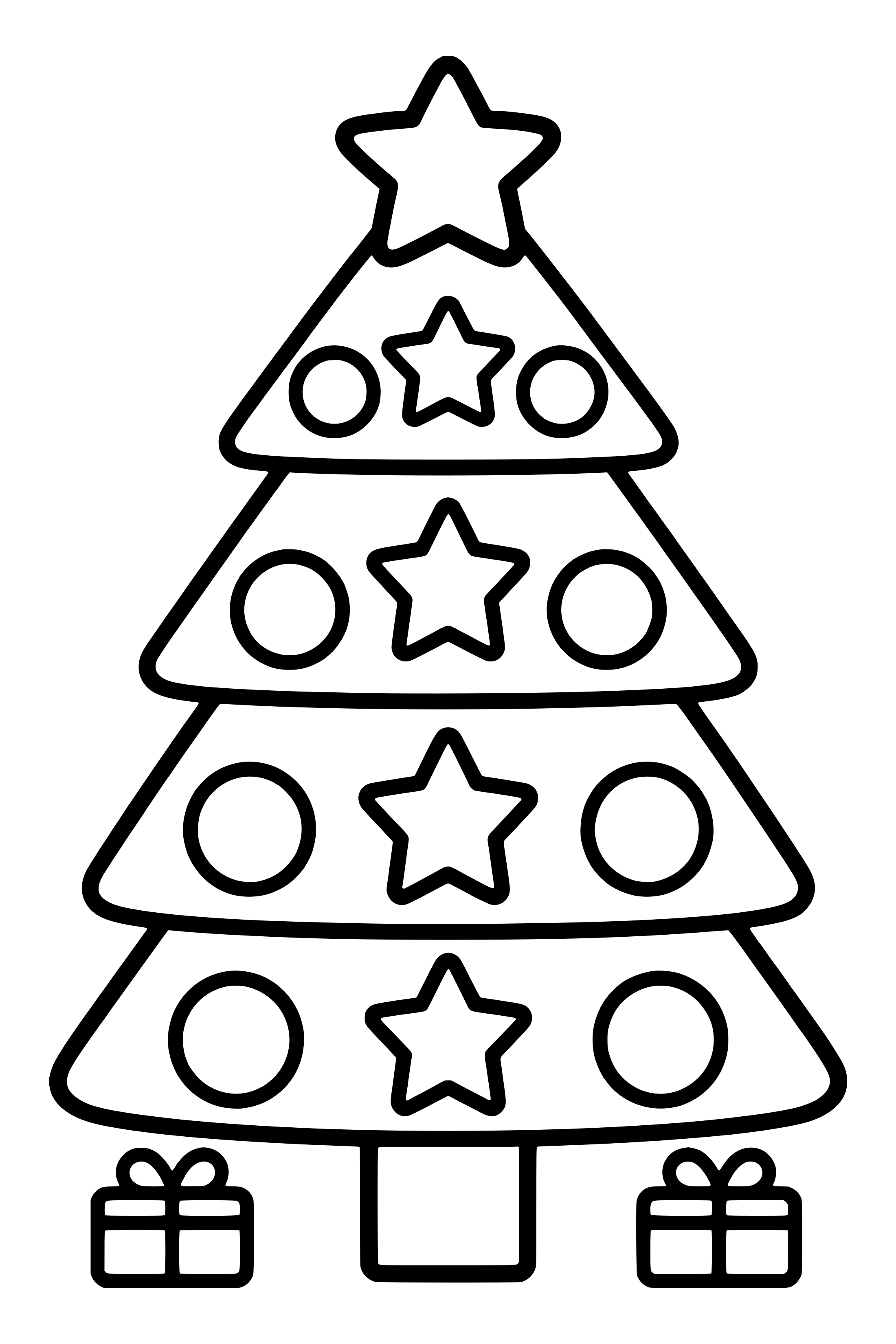 Coloring page of a bold Christmas tree made of four triangle layers with big stars and ornaments