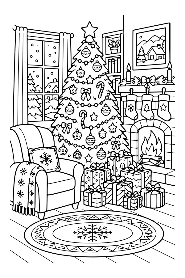 Coloring page of a cozy living room with a tall Christmas tree, presents and a fireplace with stockings
