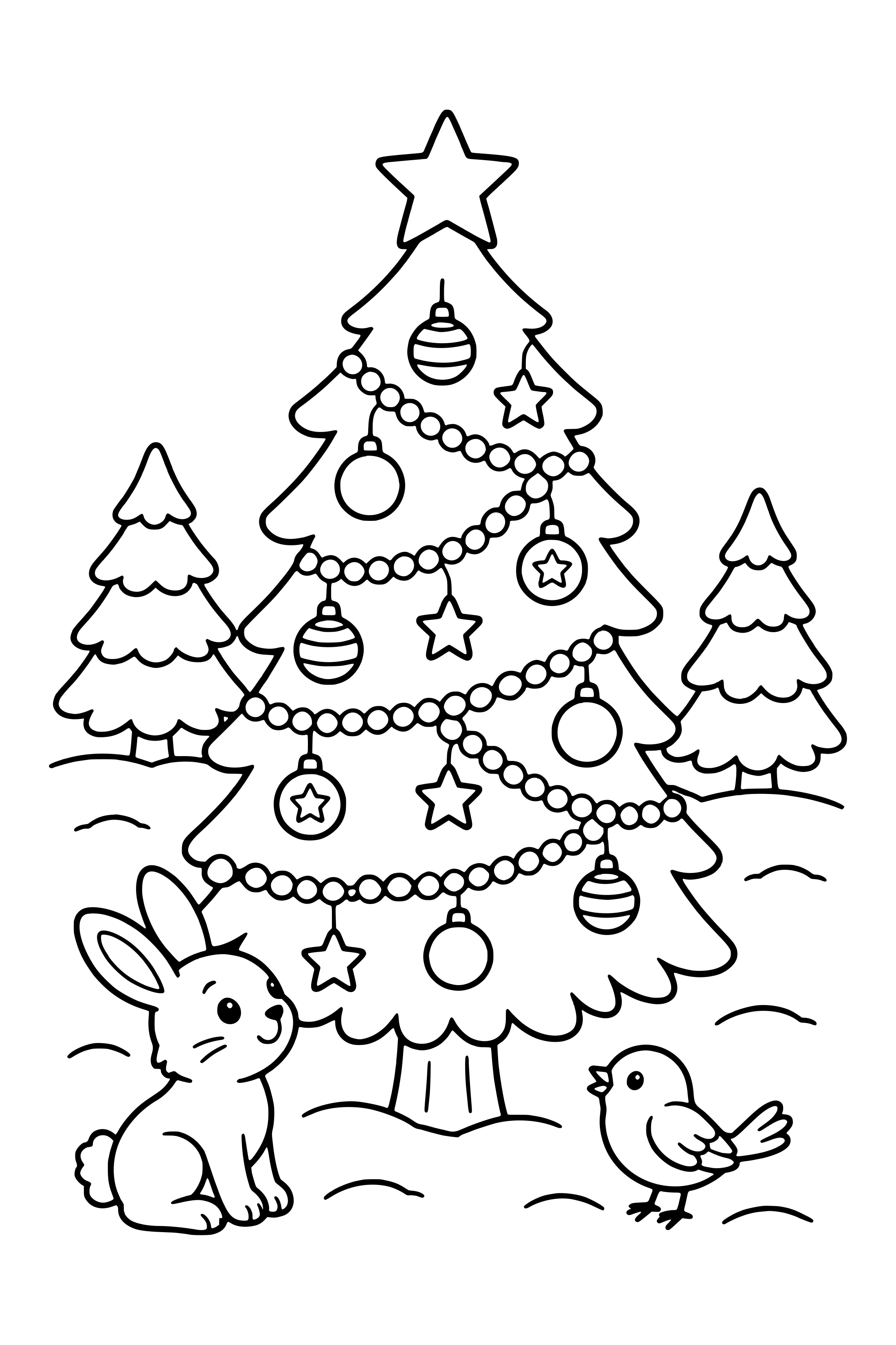Coloring page of a decorated Christmas tree in a snowy forest with a bunny and a bird