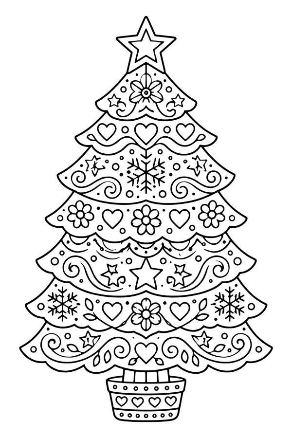 Coloring page of a Christmas tree outline filled with bands of swirls, flowers and snowflakes