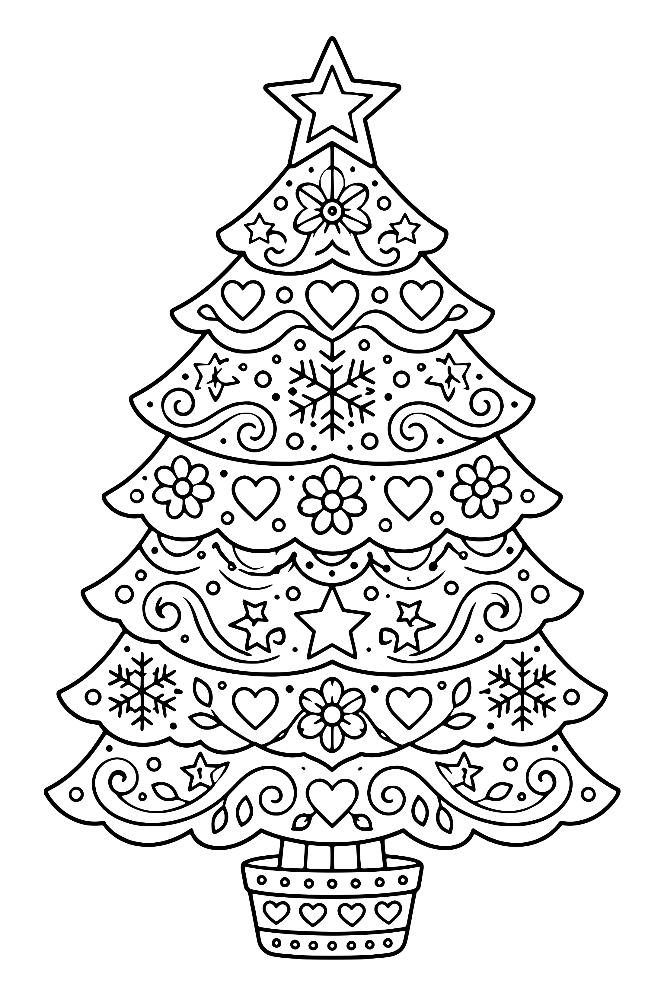 Coloring page of a Christmas tree outline filled with bands of swirls, flowers and snowflakes