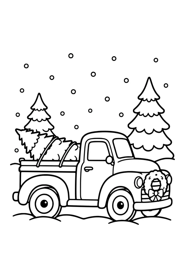 Coloring page of an old pickup truck carrying a Christmas tree through the snow