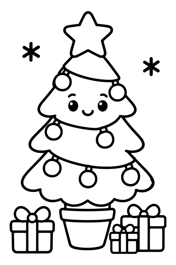 Coloring page of a smiling Christmas tree in a pot, wrapped in a string of big light bulbs, with presents beside it