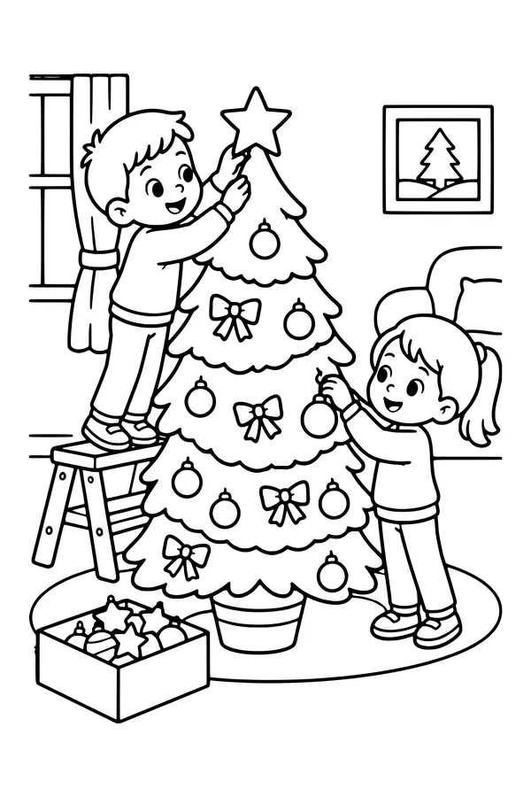 Coloring page of two children decorating a Christmas tree, one placing the star from a step stool