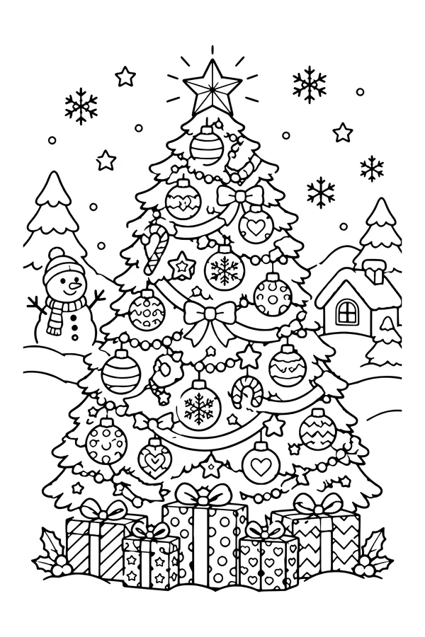 Coloring page of a tall Christmas tree full of patterned ornaments with presents below