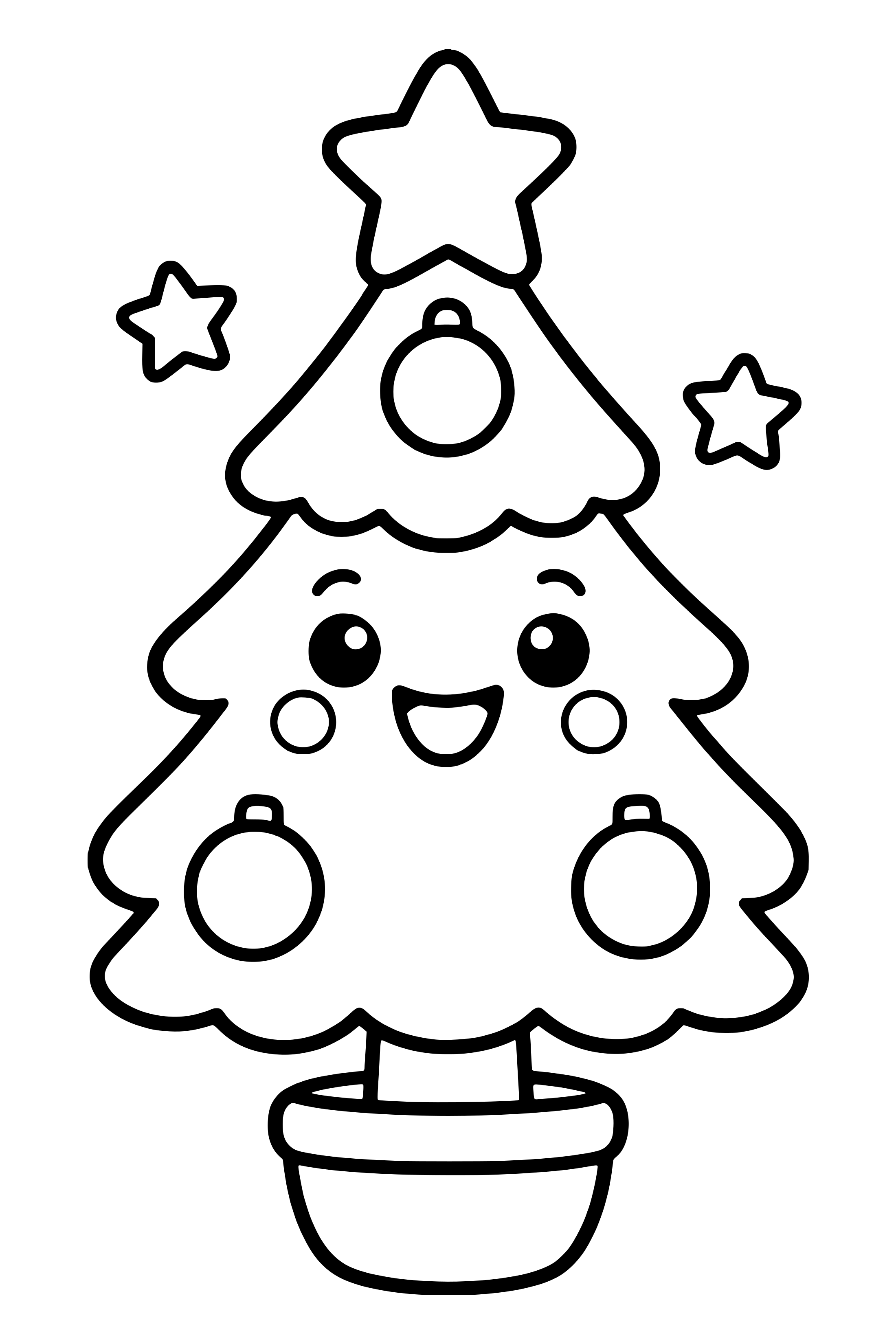 Coloring page of a cute smiling Christmas tree with a star and big ornaments in a pot