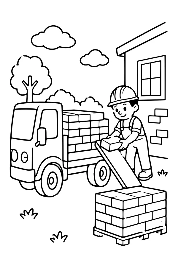 Coloring page of a flatbed truck unloading stacks of bricks beside a simple building wall