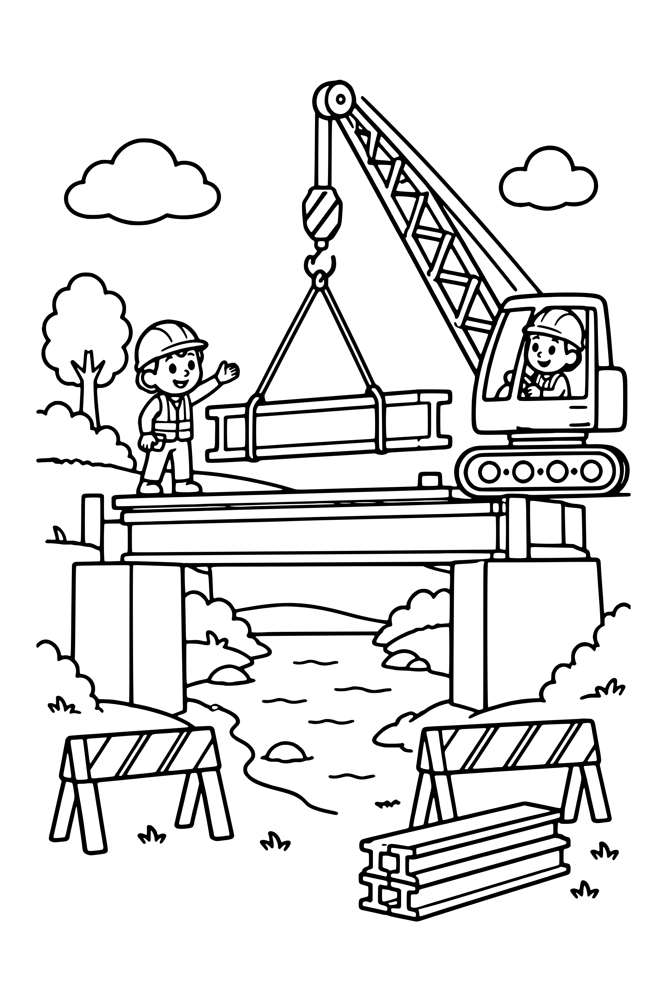 Coloring page of a small bridge under construction with a crane, beams and safety barriers