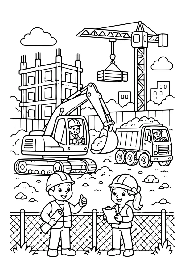 Coloring page of a broad building site with an excavator, crane, dump truck and workers behind a fence