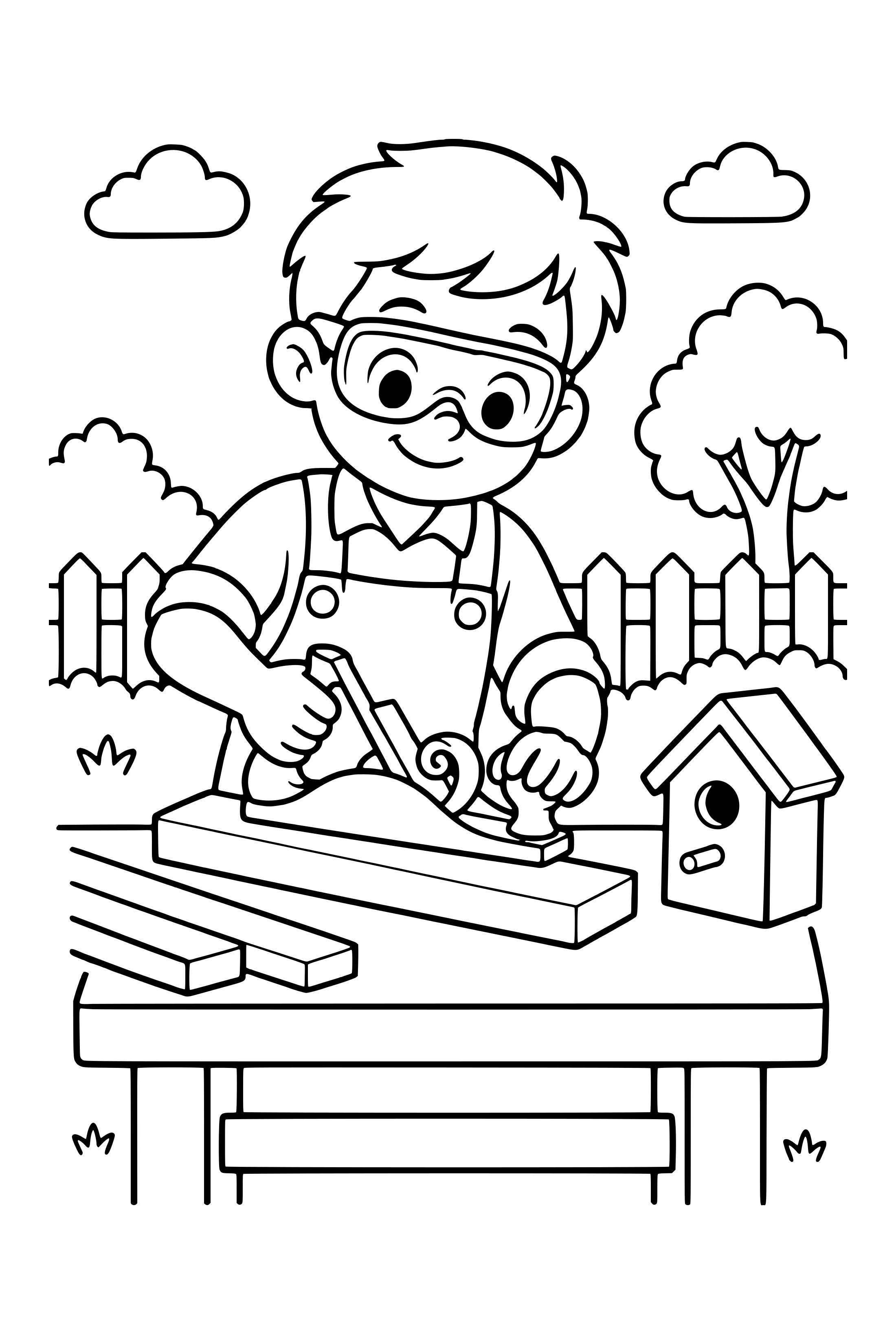 Coloring page of a carpenter in protective glasses at a bench with timber, a hand plane and a simple birdhouse