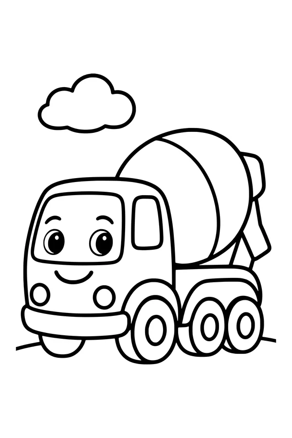 Coloring page of a cement mixer truck with a large round mixing drum