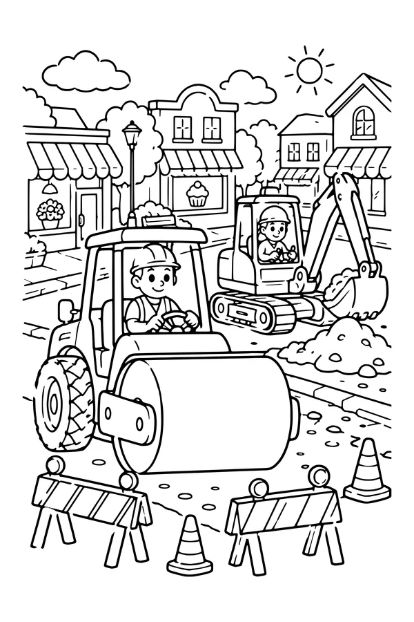 Coloring page of a town street being repaired with barriers, a roller, a digger and shops in the background