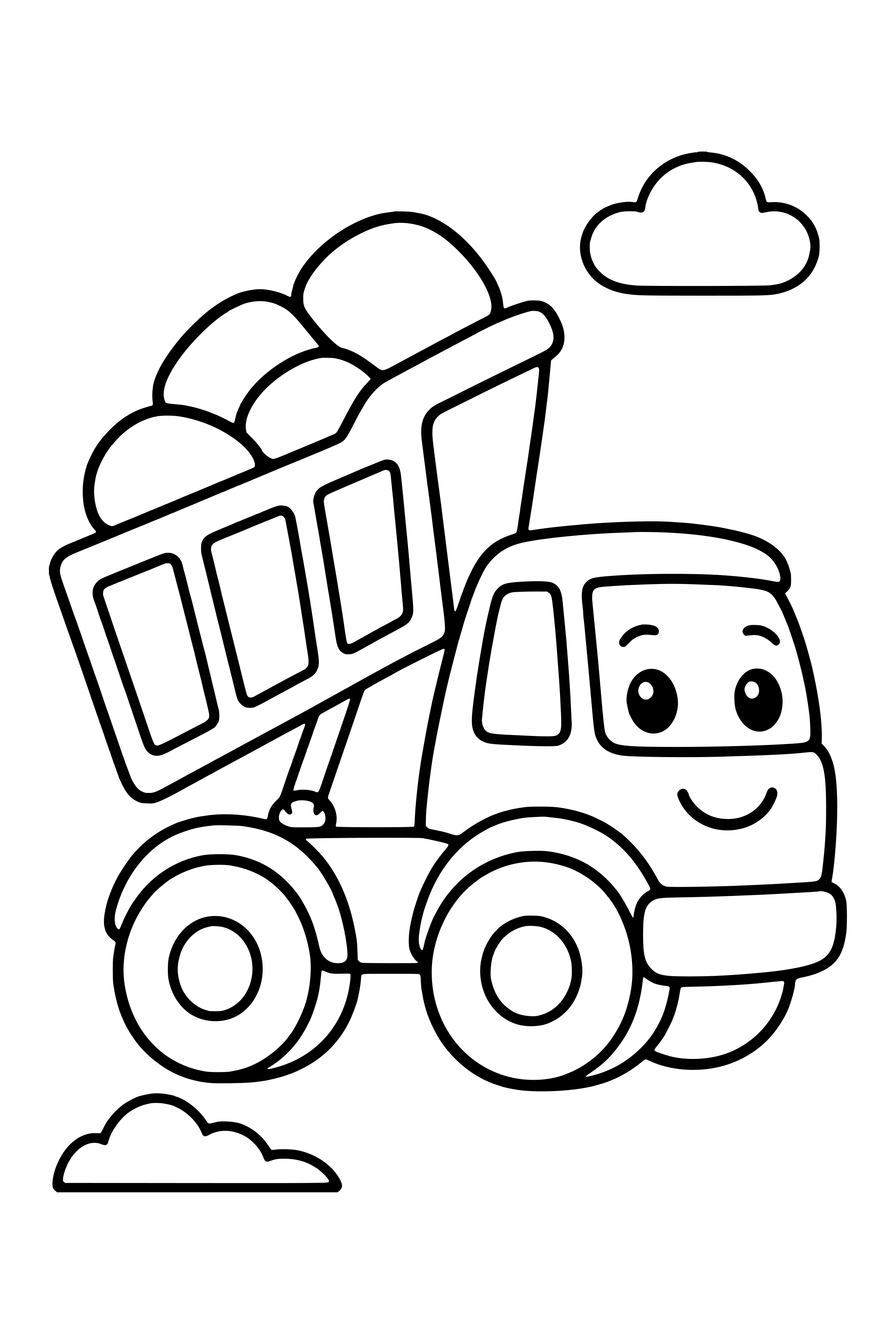 Coloring page of a dump truck with a raised tipper carrying broad rounded stones