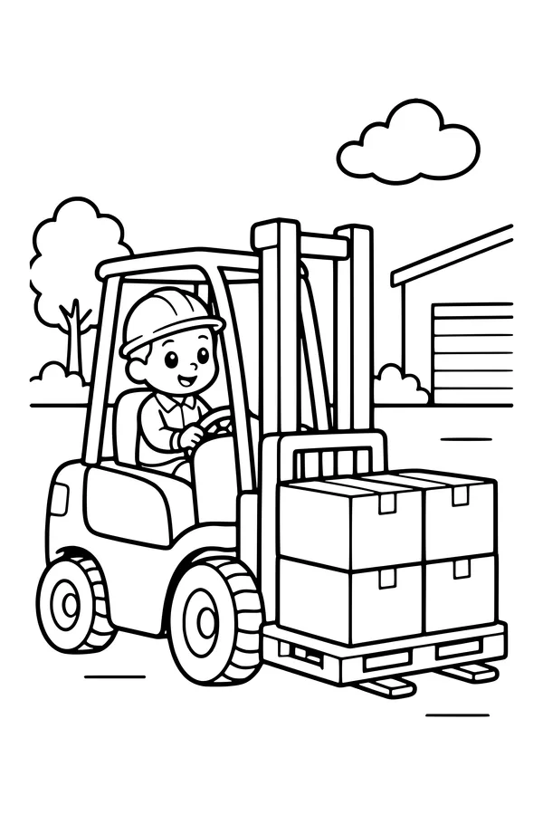 Coloring page of a forklift carrying a low pallet of neatly stacked boxes