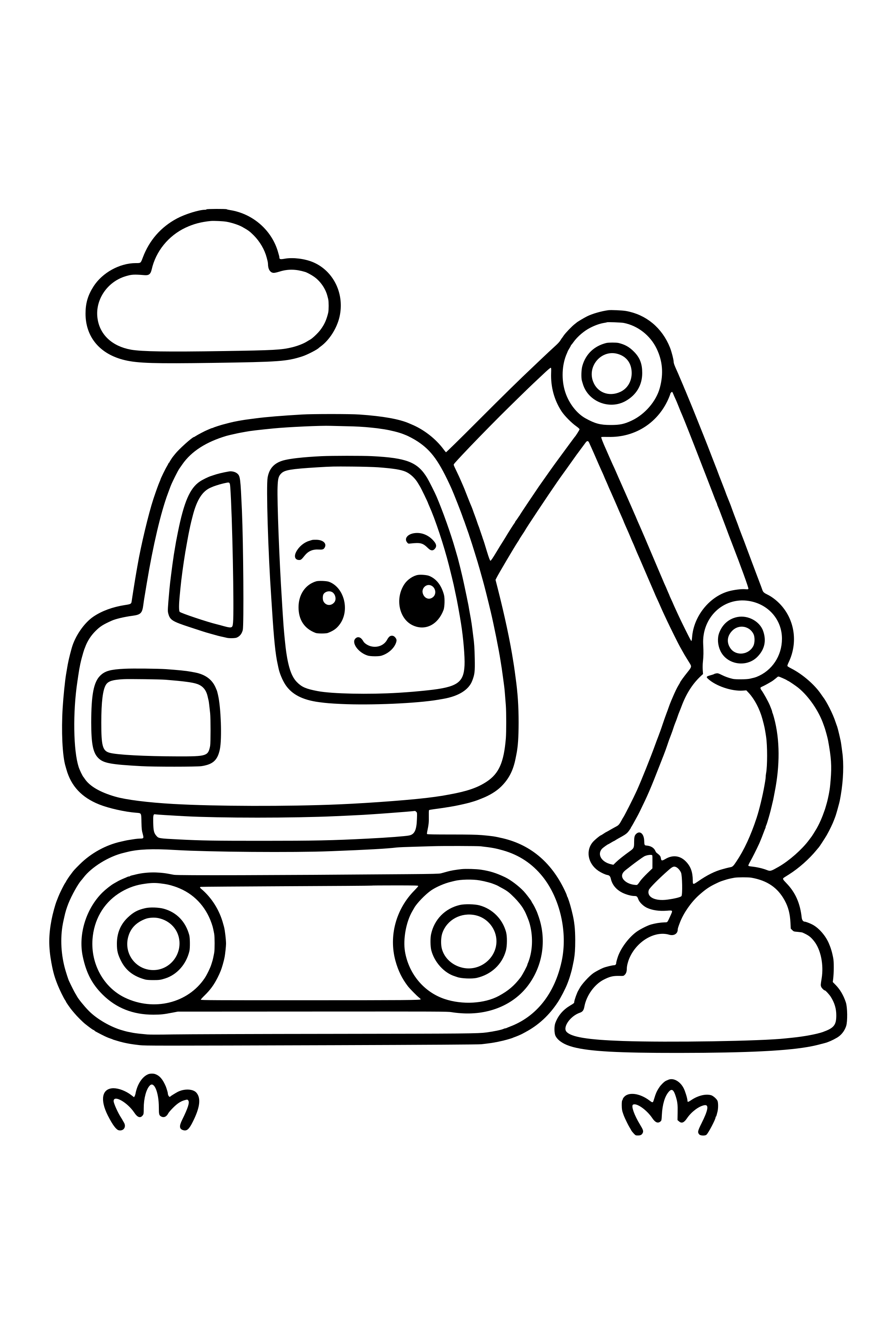 Coloring page of a small tracked excavator with its bucket resting beside a mound of soil