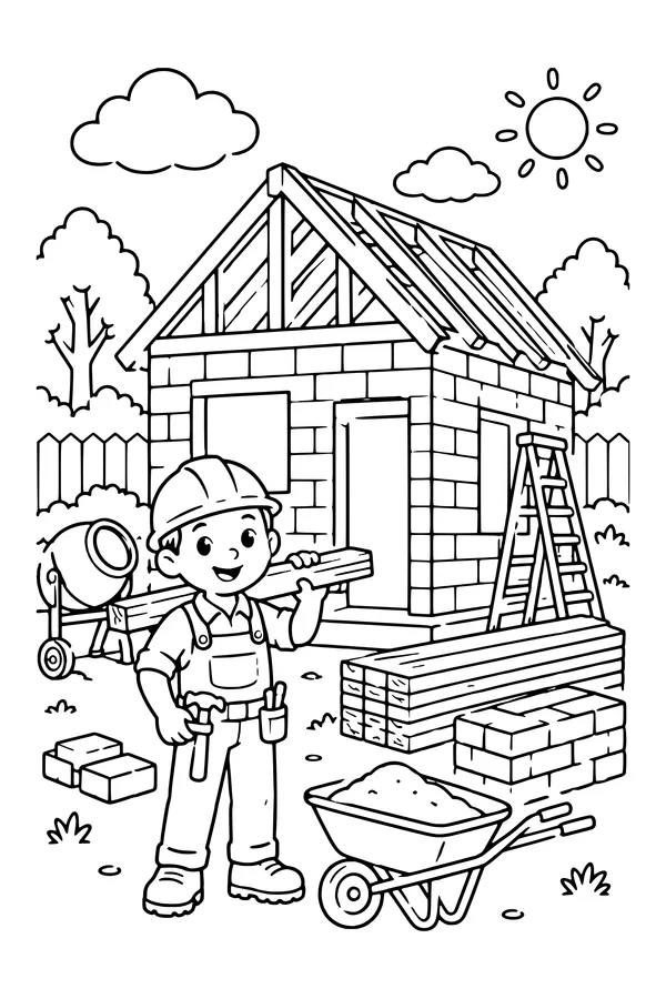 Coloring page of a house under construction with roof beams, brick walls, a ladder and neatly stacked materials