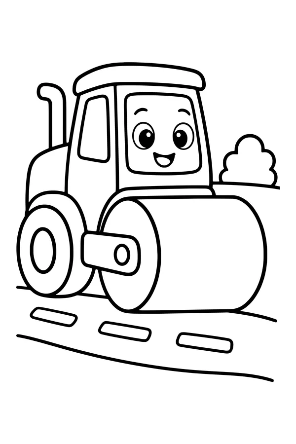 Coloring page of a road roller with one broad front drum beside a short smooth road