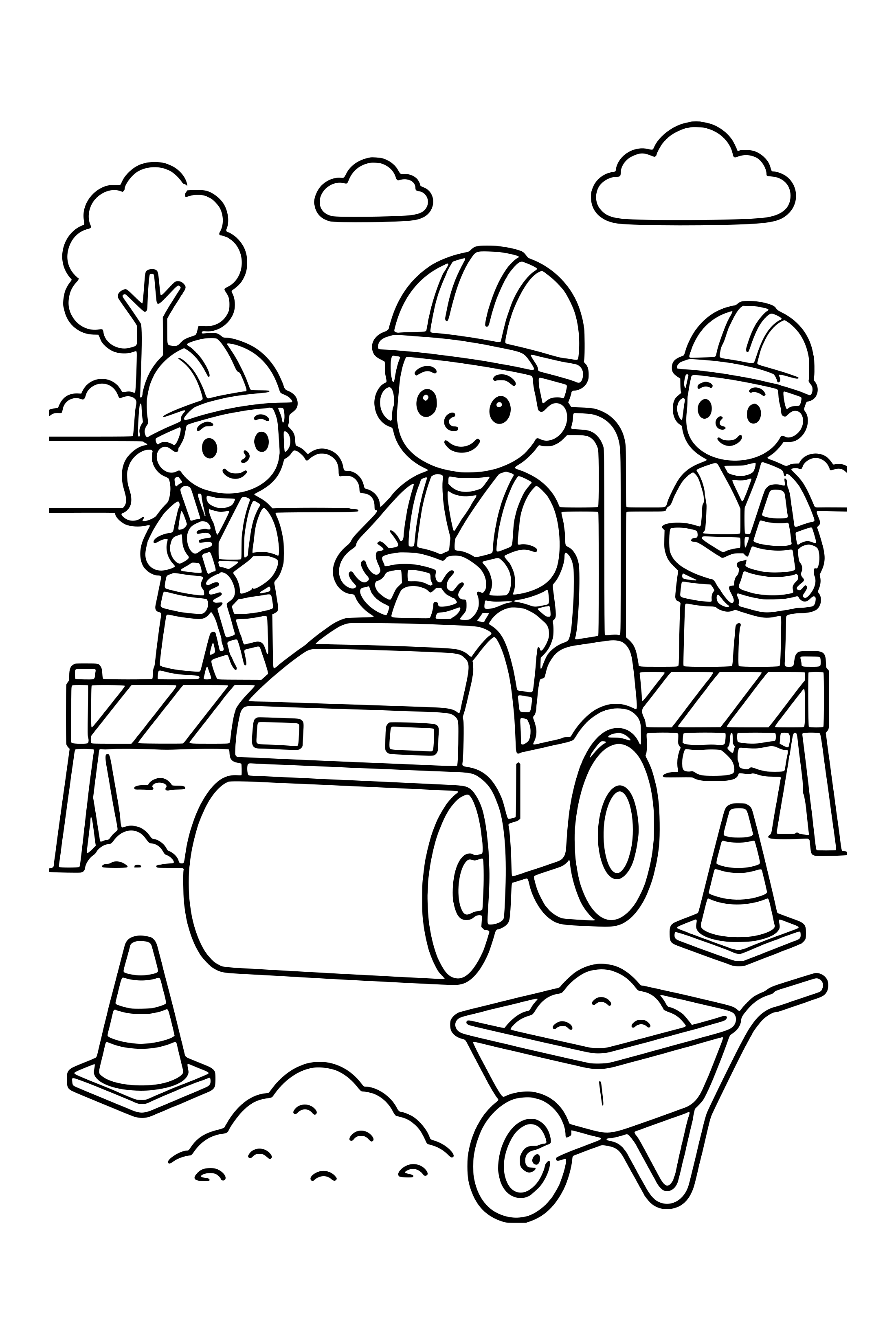 Coloring page of a roadwork crew behind barriers with a small roller, cones and a wheelbarrow