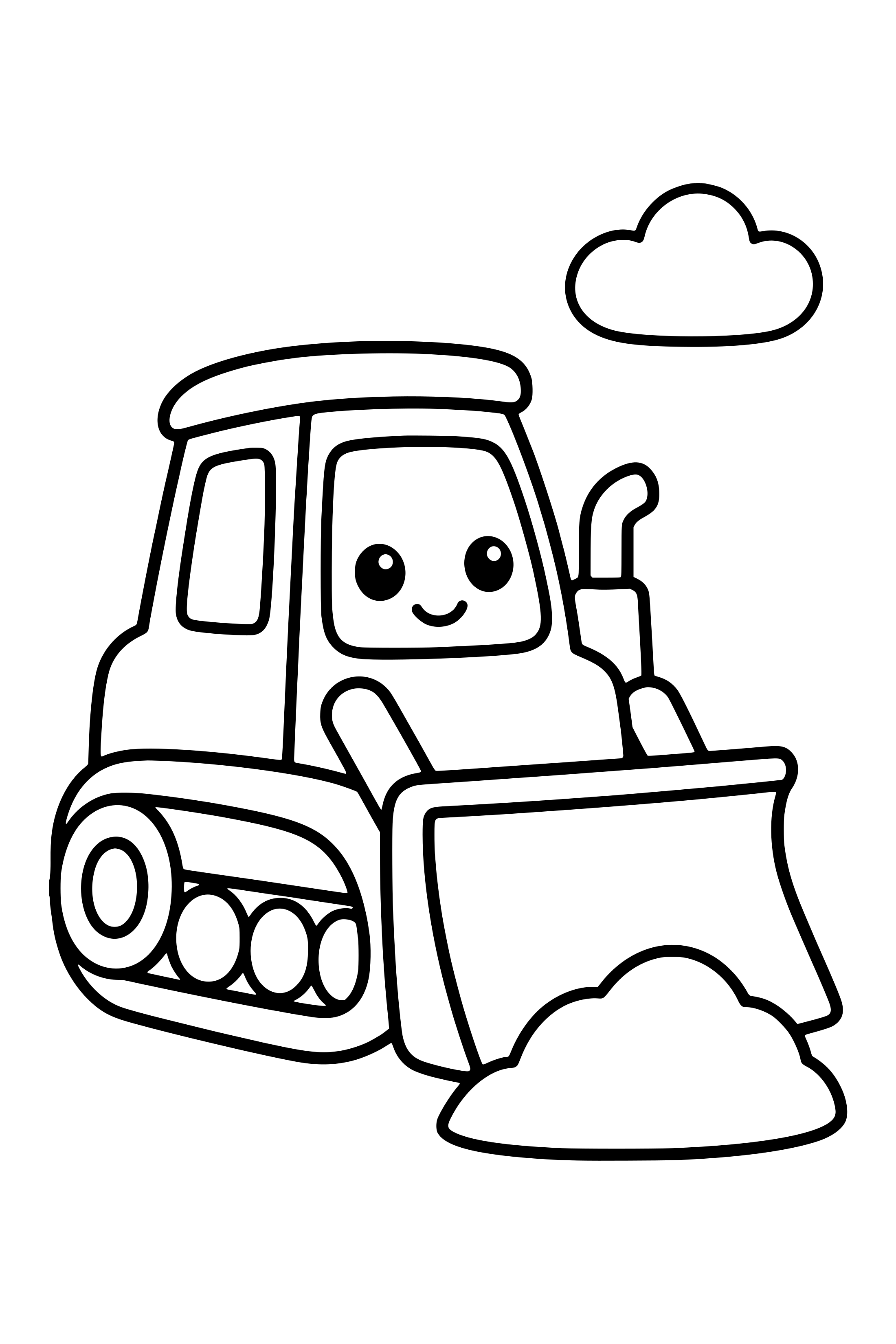 Coloring page of a small bulldozer with a broad front blade beside a low mound