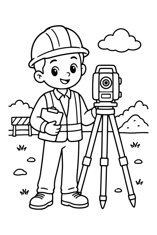 Coloring page of a construction surveyor in a hard hat beside a tripod instrument on a clear site