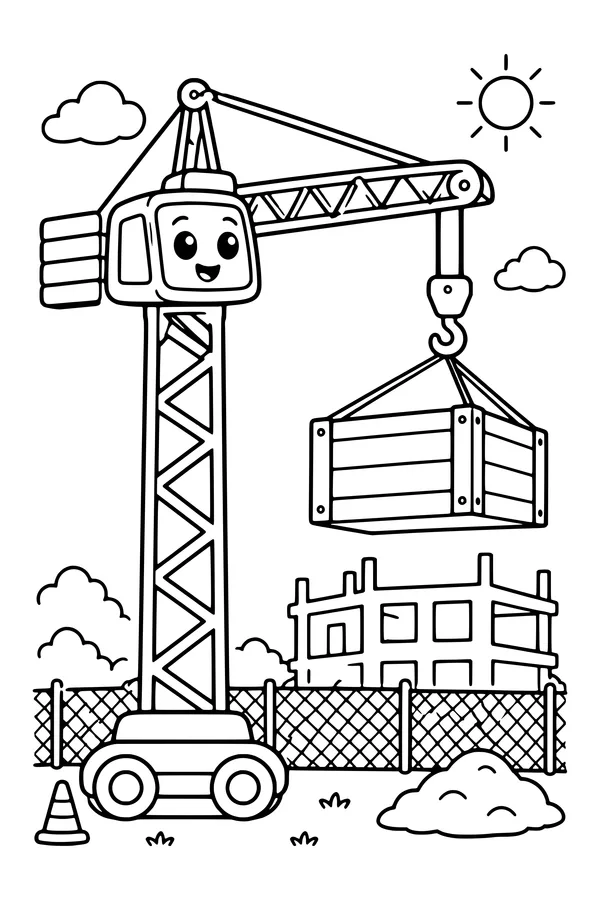 Coloring page of a tower crane lifting a broad wooden crate above a fenced building area
