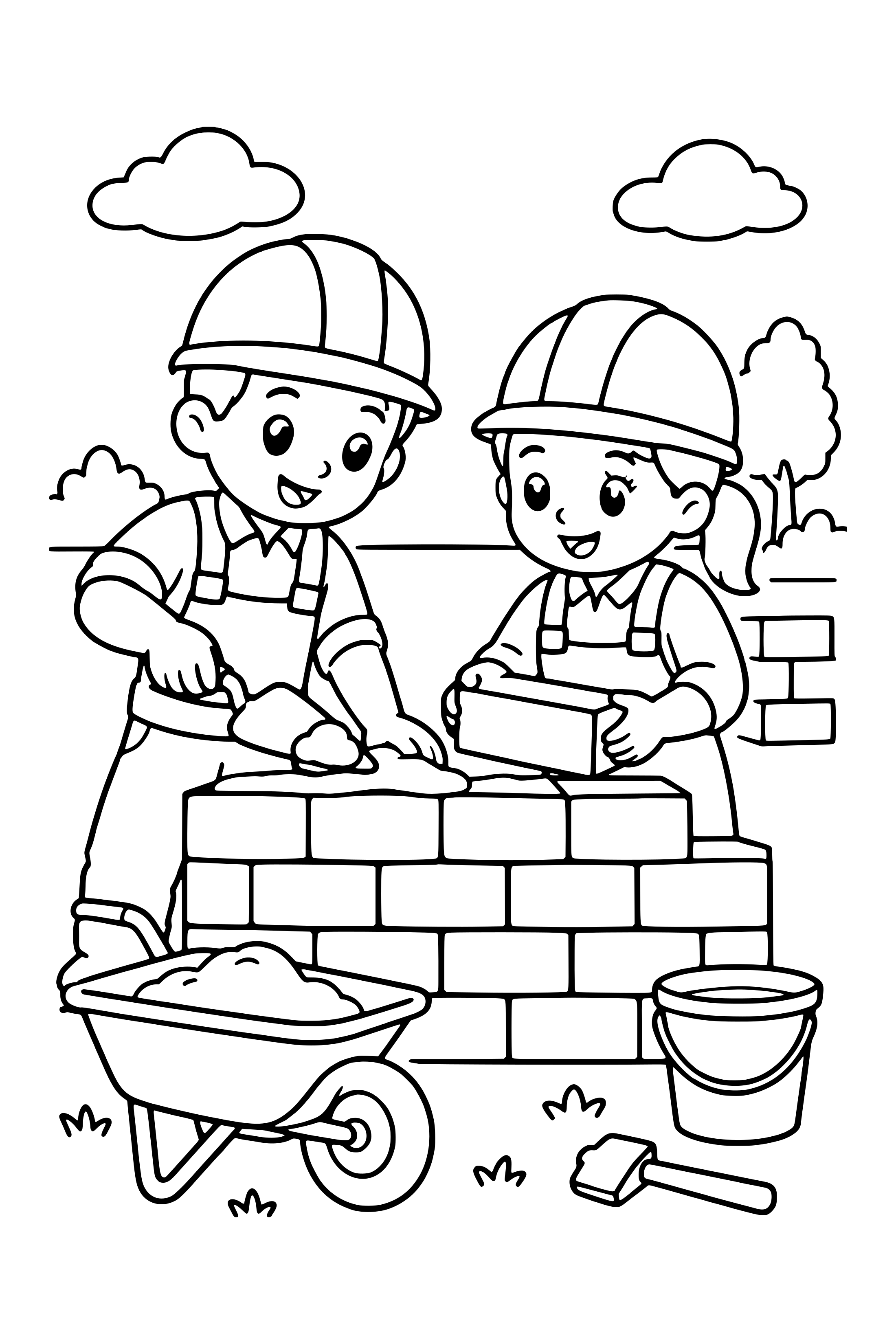 Coloring page of two construction workers in hard hats building a low brick wall with tools nearby