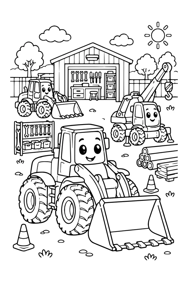 Coloring page of a tidy construction vehicle yard with parked loaders, a small crane, tool racks and a workshop