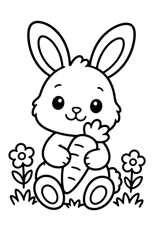 Coloring page of a cute fluffy bunny holding a carrot in the grass