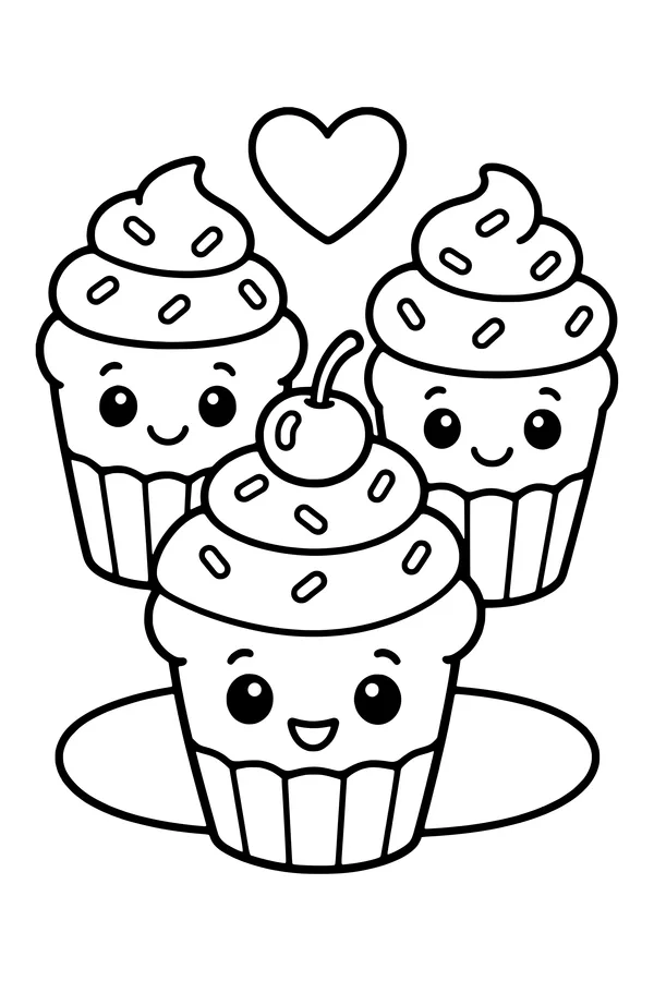 Coloring page of three smiling cupcakes with swirly frosting and sprinkles