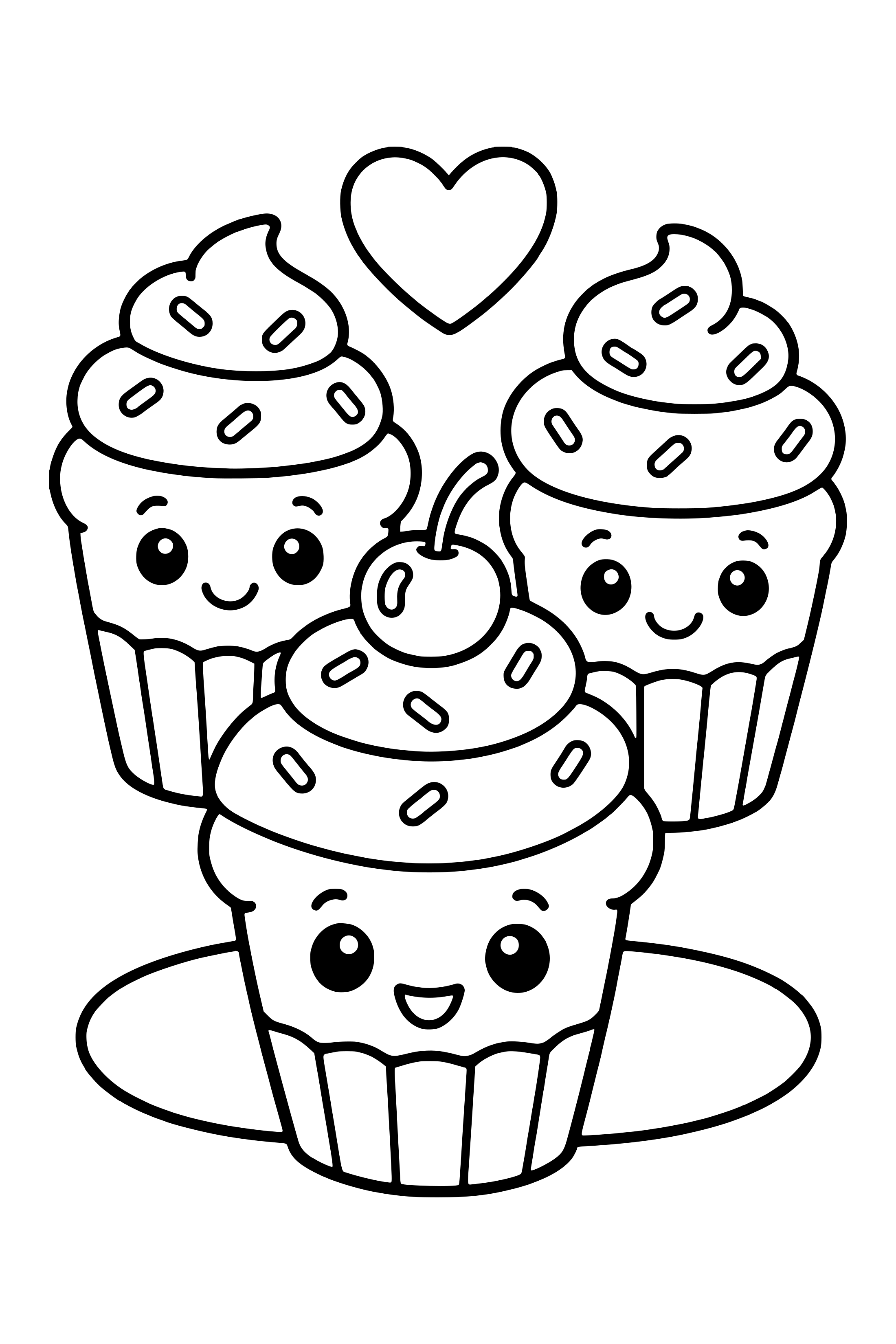Coloring page of three smiling cupcakes with swirly frosting and sprinkles