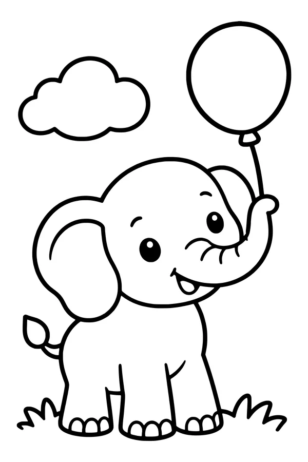 Coloring page of a cute baby elephant holding a balloon with its trunk