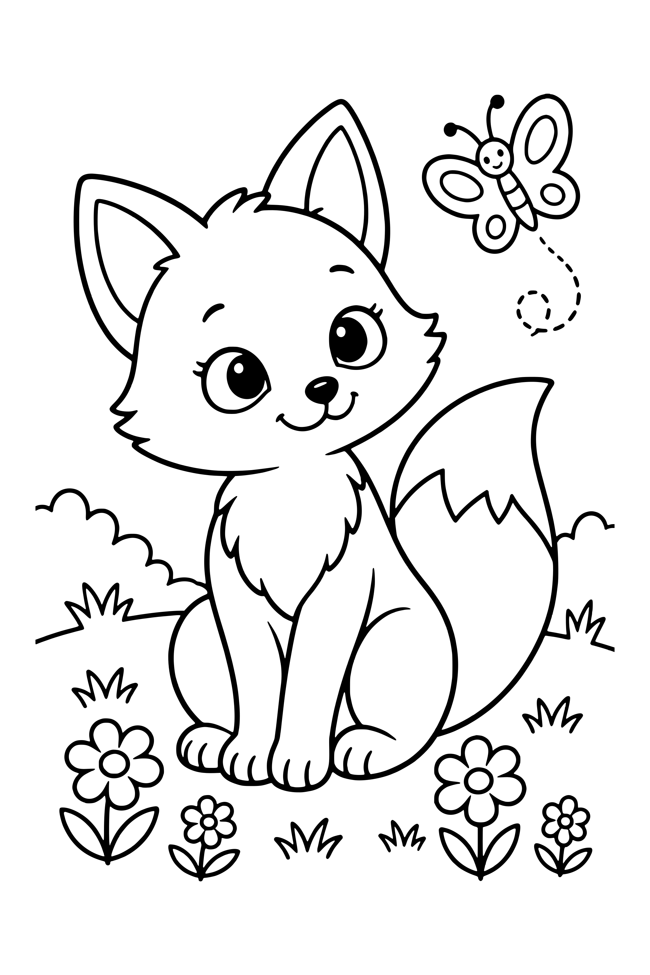 Coloring page of a cute fox with a fluffy tail sitting among flowers